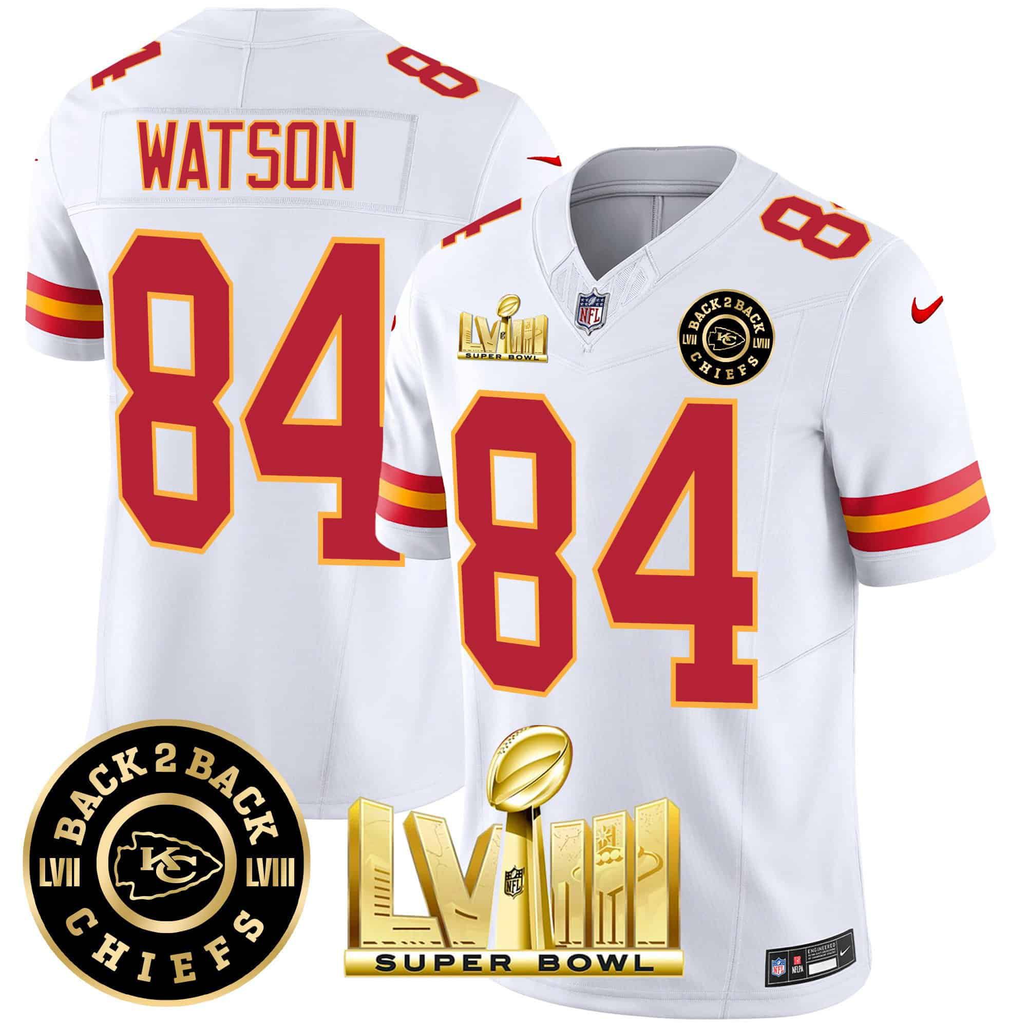 Men Kansas City Chiefs #84 Watson White 2024 Nike Super Bowl LVIII & Back-2-Back Patch Vapor NFL Jersey